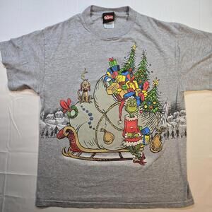 Vintage Dr. Seuss Grinch Shirt Mens Medium Gray Christmas Double Sided 00s 2001